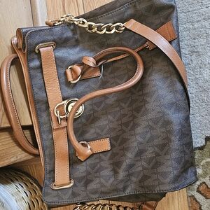 Brown and Gold Shoulder Bag with Leather Trim